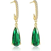 Hpoewre Vintage Emerald Green Teardrop Earrings,925 Sterling Silver Posts & 18K Gold-Plated Brass Drops,Cubic Zirconia Dangle Earrings for Women