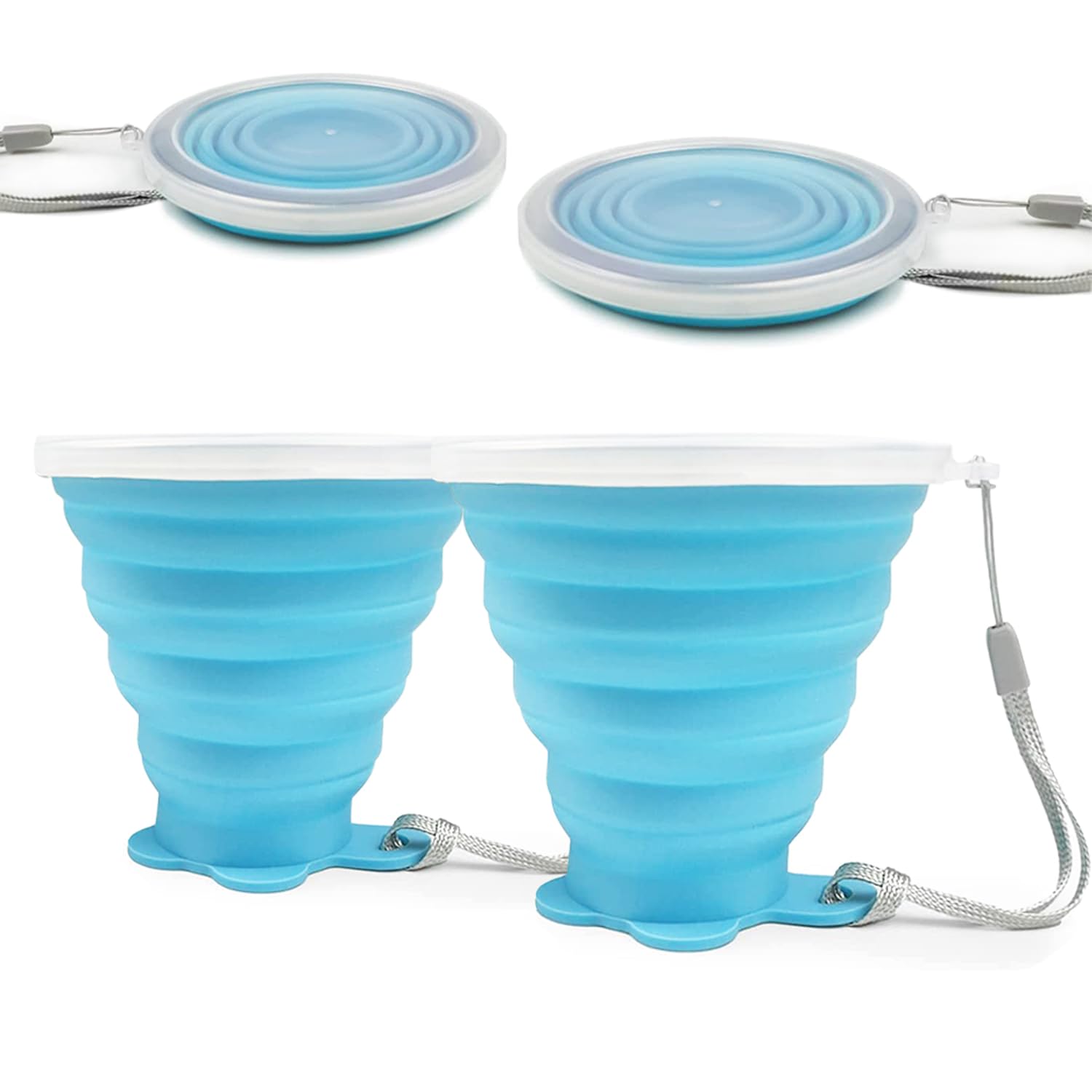 FUZVOL Silicone Foldable Mug with Plastic Sealing Lid for Camping,2 Pack Collapsible Silicon Cup for Travel,BPA Free Portable Drink Mugs Reusable Cups Retractable Mugs for Outdoor Hiking Blue