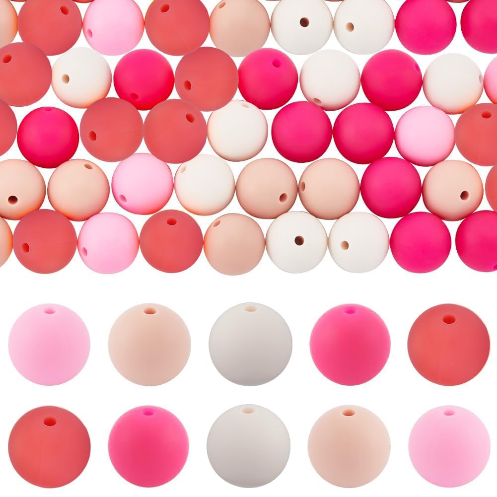 SOFPLATE 1 Box 60Pcs Red Silicone Bead 15mm Round Silicone Beads Bulk Large Pink Orange Candy Color Focal Loose Bubblegum Rubber Bead for jewellery Making Bracelet pen keychain beading DIY Supplies