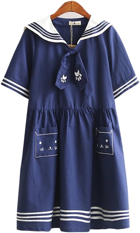 Himifashion Sailor Dress Cat Pocket Summer Cotton Dress