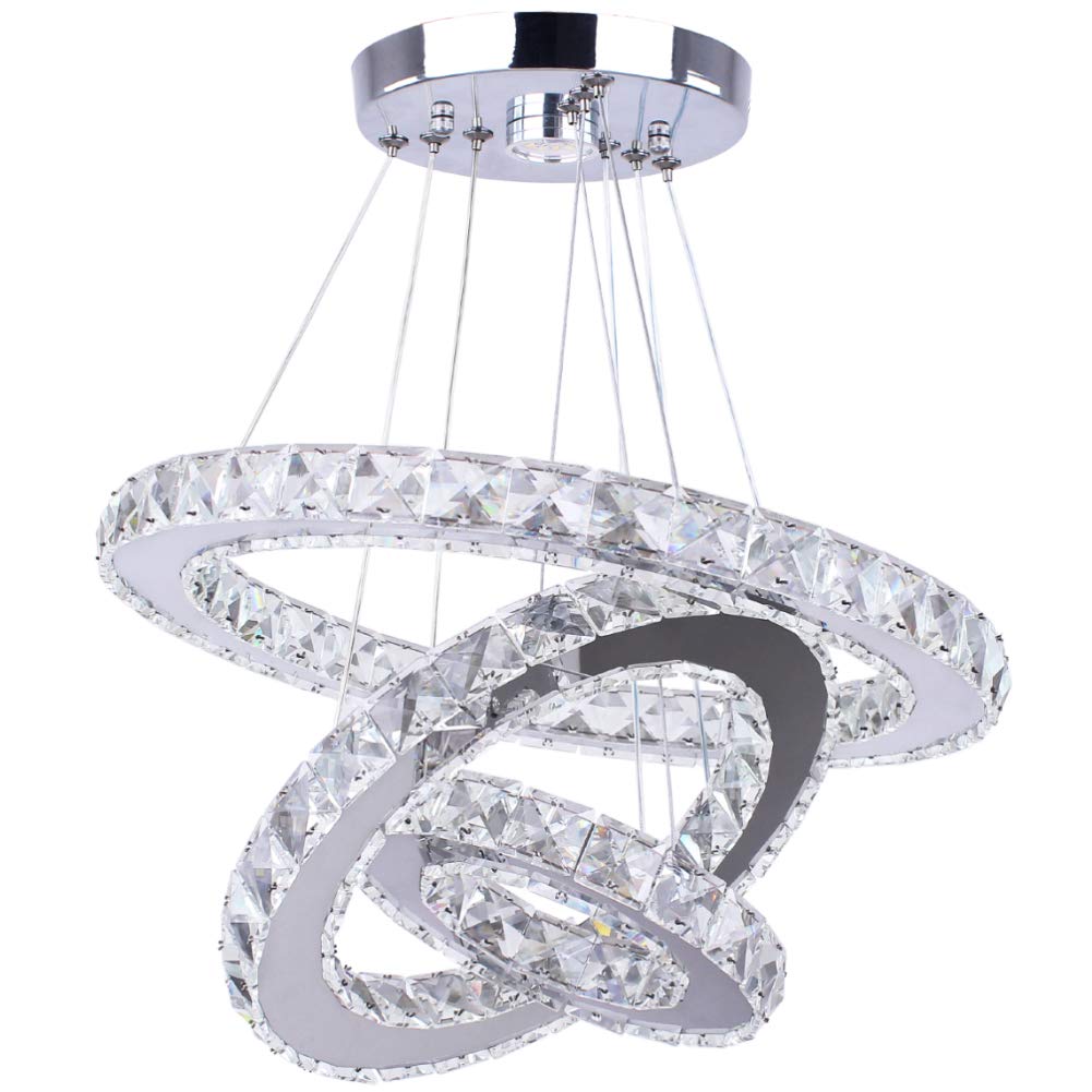 Dixun LED Chandeliers Modern Crystal 3 Rings Ceiling Lighting Fixture Adjustable Stainless Steel Pendant Light for Bedroom Living Room Dining Room(Warm White)