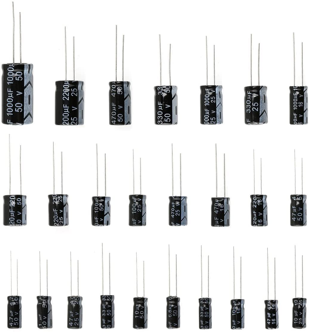 Fasizi 25 Values 16V 25V 50V 1uF to 2200uF Electrolytic Capacitors Assorted Assortment Kit Set Black - 125PCS