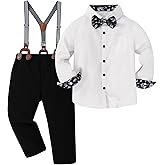 DISAUR Boy Formal Suits Wedding Outfit Long Sleeve Button Down Dress Shirt Bow Tie Suspender Pants Gentleman for 5-9 Years