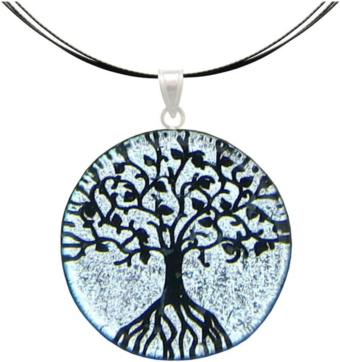 Sterling Silver Dichroic Glass Silver Color Tree Of Life Pendant Necklace on Stainless Steel Wire- 18"