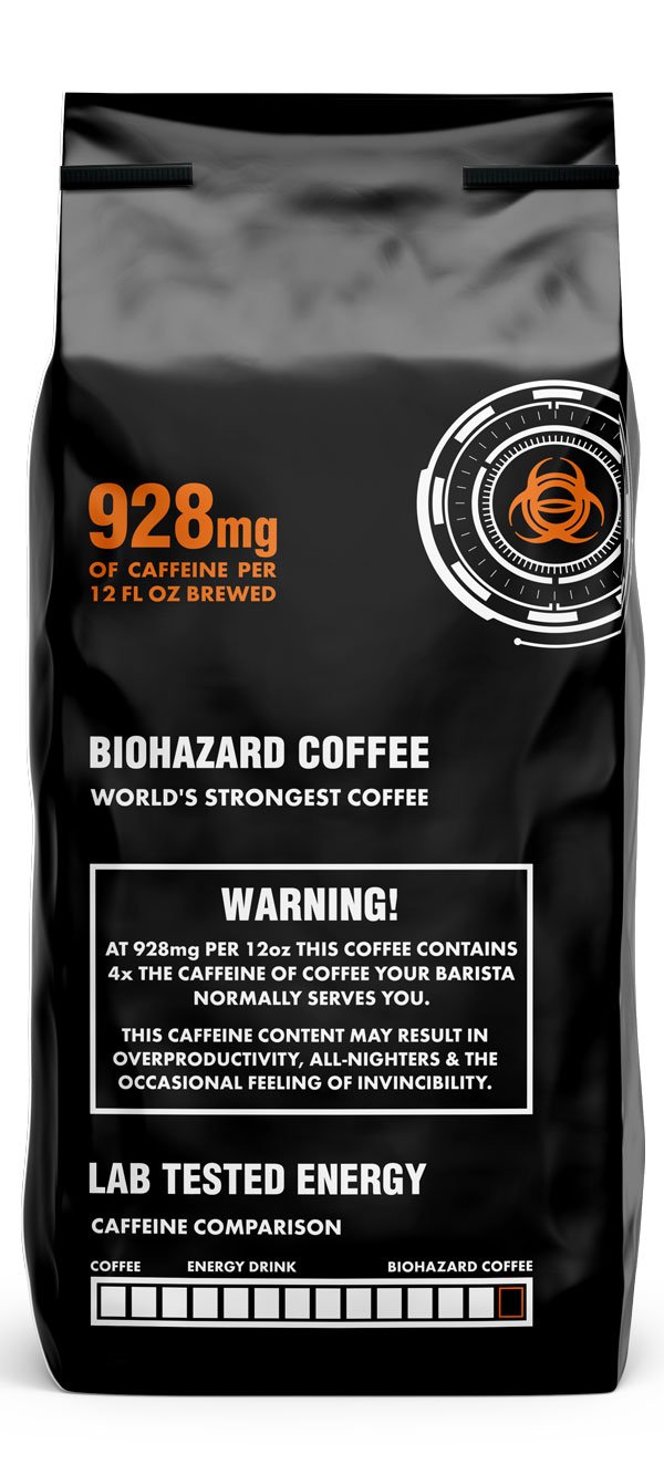 Biohazard Ground Coffee, The World's Strongest Coffee 928 mg Caffeine