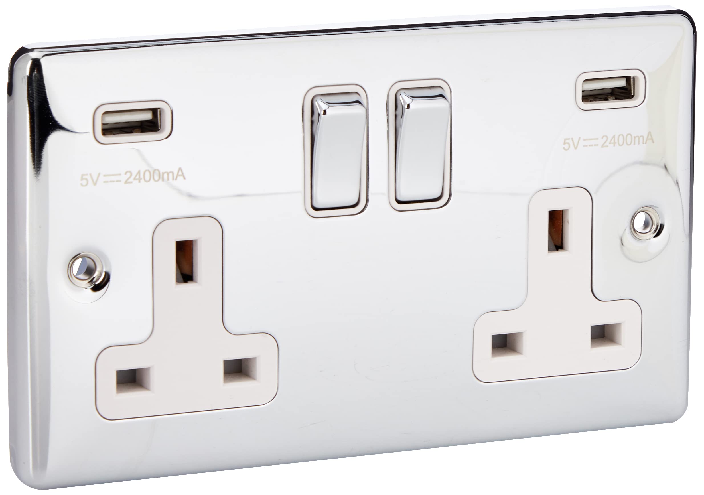 AET CPC2GUSBWC 2 Gang 13 A Double Plug Classical Chrome Polished Socket with USB Charging Ports and White Insert Metal Rocker Switch