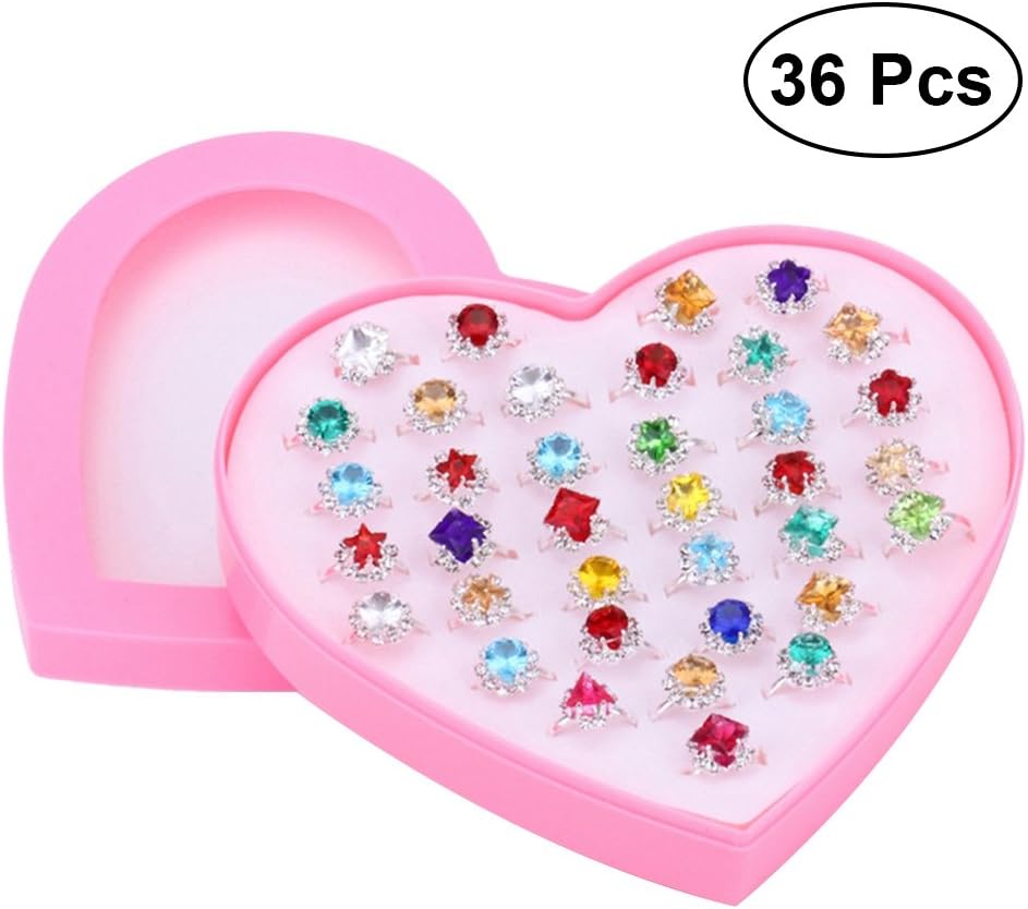 TOYMYTOY Adjustable Rings Set for Little Girls | 36pcs Jewelry Rings with Heart Shape Box, Birthday Gift