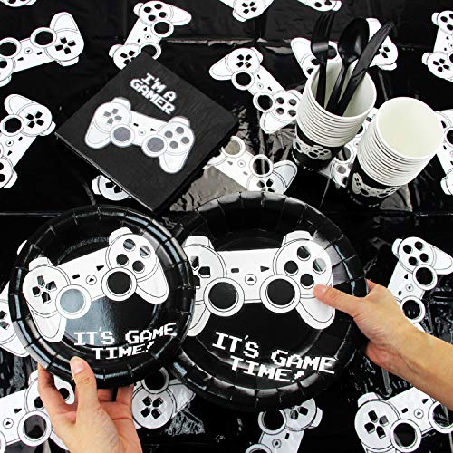 177 Piece Video Gaming Party Supplies Set Including Banner, Plates, Cups, Napkins, Tablecloth, Spoon, Forks, and Knives, Serves 25