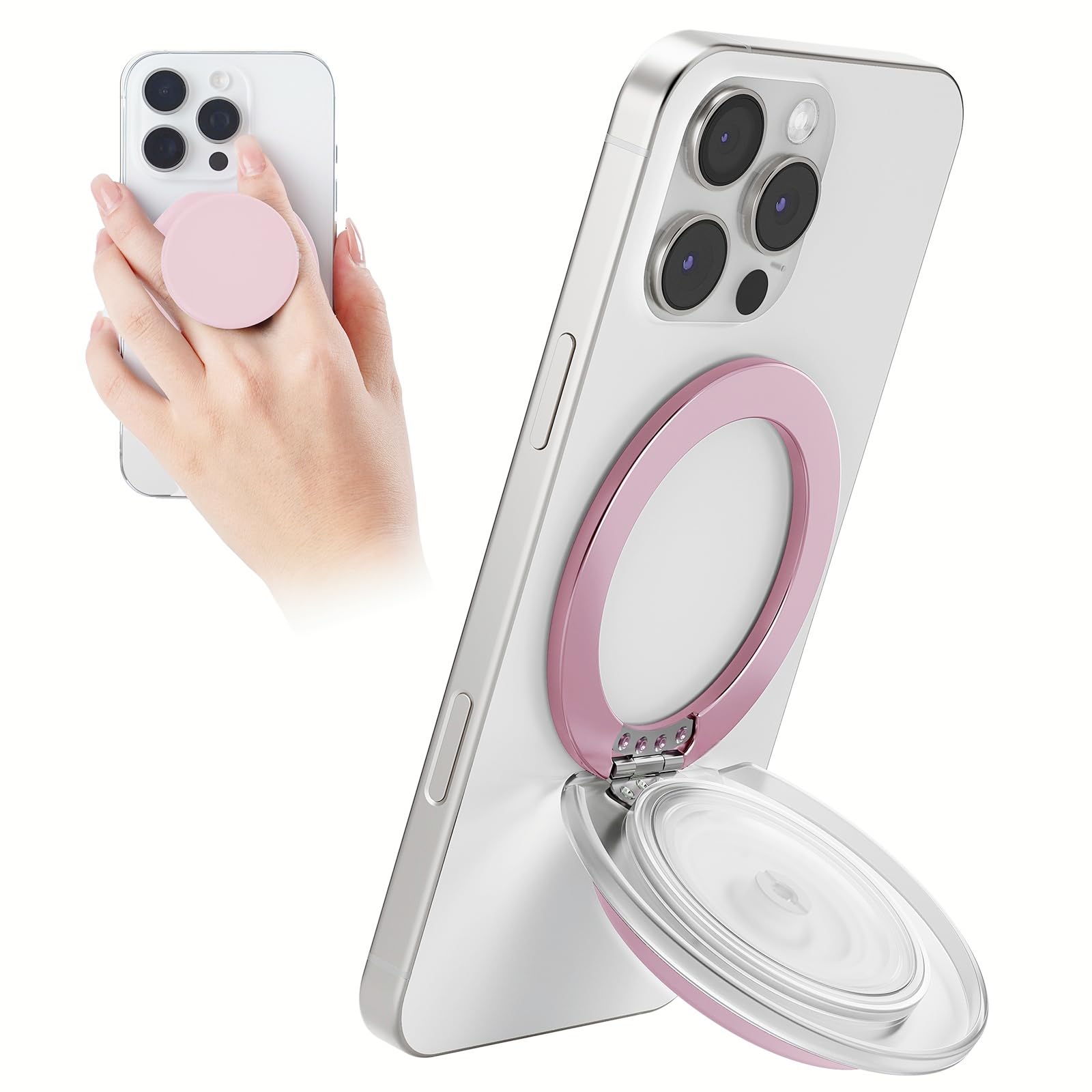 Grippopso for MagSafe Phone Grip, Magnetic Phone Grip Holder Built-in Phone Stand, Magnetic Collapsible Expandible Phone Grip with Adjustable Kickstand for Portrait or Landscape, Translucent Pink