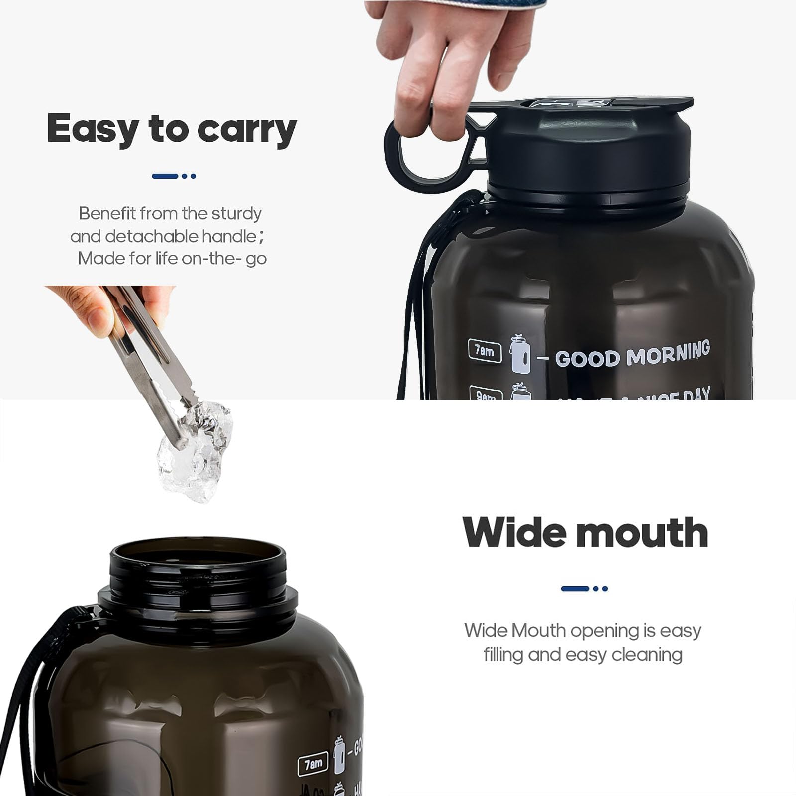 2.2 L Große Motivations-Trinkflasche mit Trinkhalm & Zeitmarkierungen - BPA-frei, auslaufsicher - Täglicher Hydrations-Tracker für Fitnessstudio, Büro, Zuhause & Reisen (Schwarz, 74 oz) (Black) 3