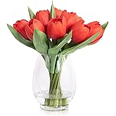 WELL KNOWN 12 Pcs Fake Red Tulips Artificial Flowers in Vase with Faux Water, Real Touch Foam Tulips Arrangements with Vase for Home Office Decor, Dining Table Wedding Centerpiece (Coral Red)
