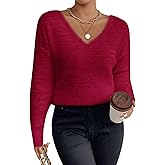 MakeMeChic Women's Fuzzy Sweater V Neck Long Sleeve Drop Shoulder Pullover Sweater
