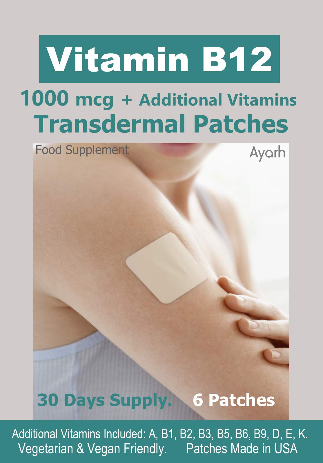 Vitamin B12-1000mcg Plus Additional Vitamins - Transdermal Patches. 100% Natural Ingredients. Vegetarian & Vegan Friendly. Made in USA. 30 Days Supply. 6 Patches.