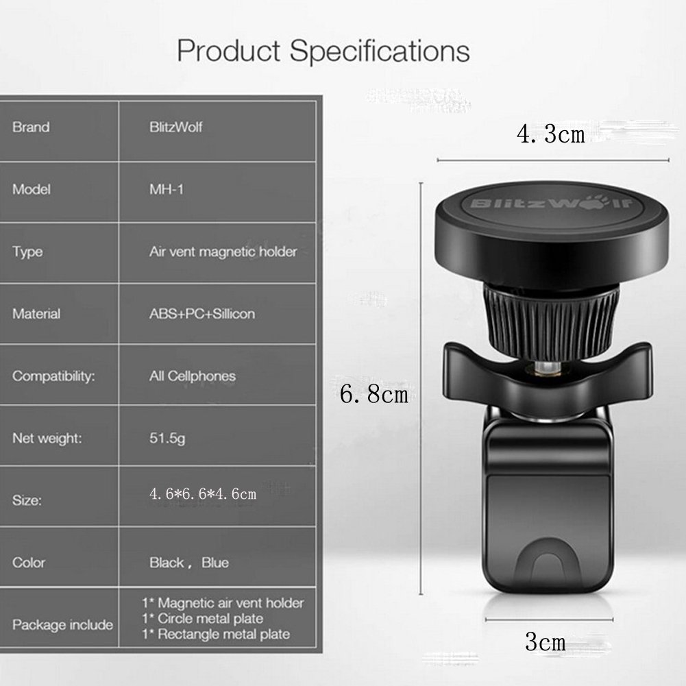 Auto Handy Halterung, BlitzWolf 360° Drehbar Handy Halter Auto Magnet Handyhalterung KFZ Halterung Lüftungsschlitz für iPhone SE/7/7 Plus/6S Plus/6S/6/5S/5C/5, Samsung Galaxy S6 Edge, Samsung S6/S7, Note 5/4/3, Nexus 7, Huawei P9, Xiaomi, M