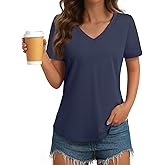 GKBK Womens T Shirts V Neck Short Sleeve Cotton Tops Summer Curved Hem Trendy Basic Tee Shirt S-XXL