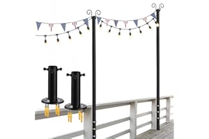 FEBLOMST 2-Pack Adjustable String Light Poles, 12.6 FT Light Poles for Outside Patio Heavy Duty, Outdoor Deck Lighting Poles with Brackets Bases for Fence Concrete Mount, Metal Stand Hanging Garden Party Decor