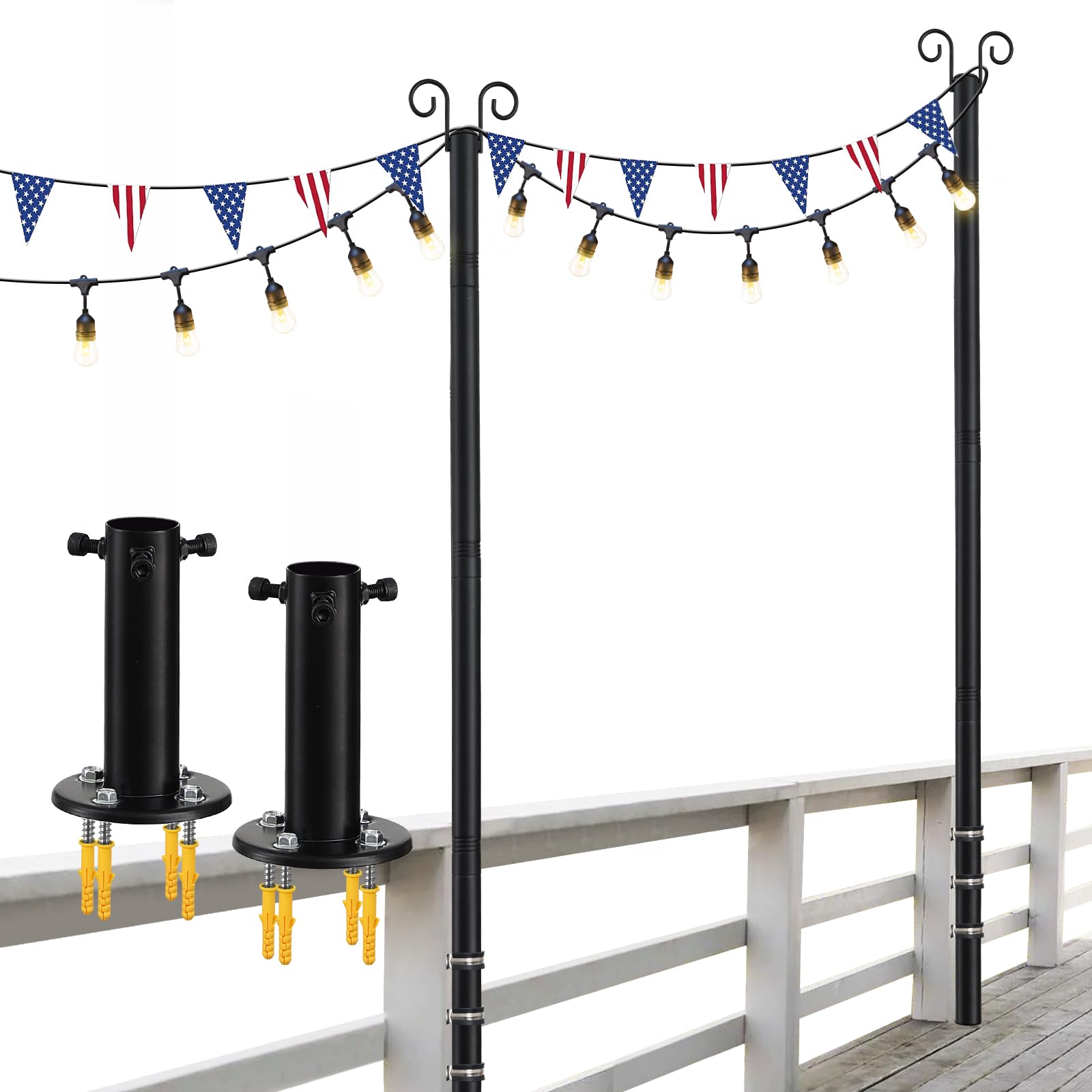Photo 1 of 2-Pack Adjustable String Light Poles, 12.6 FT Light Poles for Outside Patio Heavy Duty, Outdoor Deck Lighting Poles with Brackets Bases for Fence Concrete Mount, Metal Stand Hanging Garden Party Decor