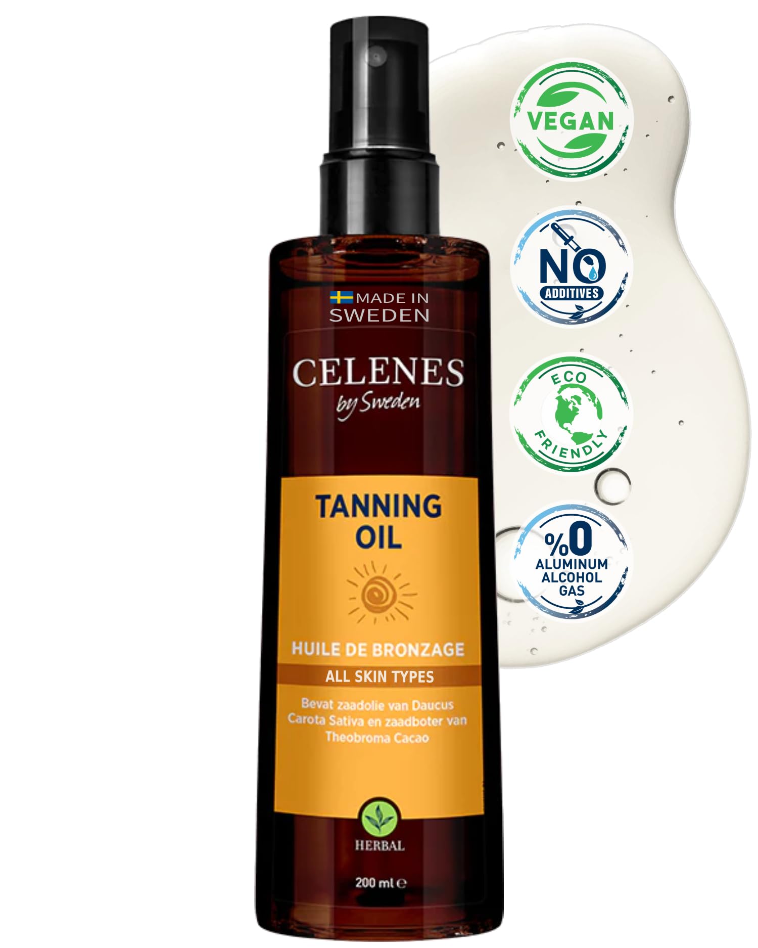 Celenes by Sweden Herbal Tanning Oil - All Skin Types, Natural Glow, Hydrating with Cocoa, Carotene, & Vitamin E, 200 ml - Paraben & Alcohol-Free