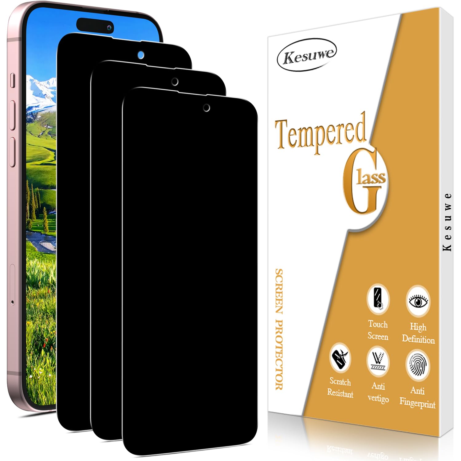 Kesuwe [3 Pack] Privacy Screen Protector for iPhone 16 Plus, Anti Spy Tempered Glass, Anti Scratch, Anti Fingerprint, Anti Glare, Easy Installation, Bubble Free, Touch Sensitive