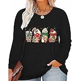 GeLivable Plus Size Women T-Shirt Christmas Candy Snowman Gift Funny Casual Long Sleeve Graphic Cute Tee Tops