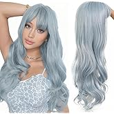 Salaibs Long Blue Curly Wavy Wigs for Women with Bangs Synthetic Heat Resistant Fiber Wig Halloween Cosplay Daily Hair Wig