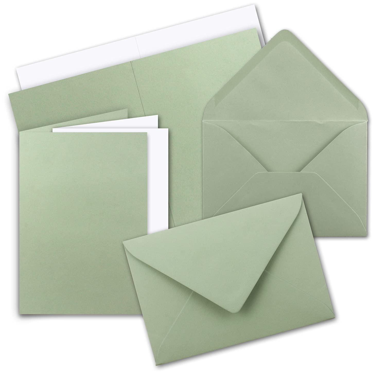 25x folding card set DIN A5 in eucalyptus green including envelopes DIN C5 and matching inserts in white - blank folding cards 14.8 x 21 cm