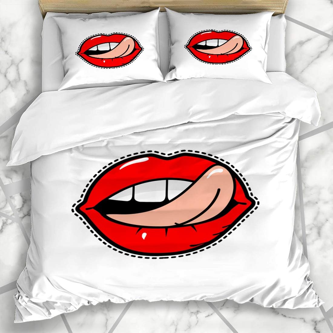 DANGCCI Duvet Cover Sets King 90x104 Inches Lady Pink Lick Up Fun Patch Beauty Red Tongue Happy Clipart Beautiful Female Lipstick Character Decorative 3 Pieces Bedding Set with 2 Pillow Shams