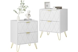 Anbuy White Nightstand Set of 2, End Side Table Double, Bedside Table with 2 Drawers, Dual Night Stand Metal Legs for Bedroom Living Room