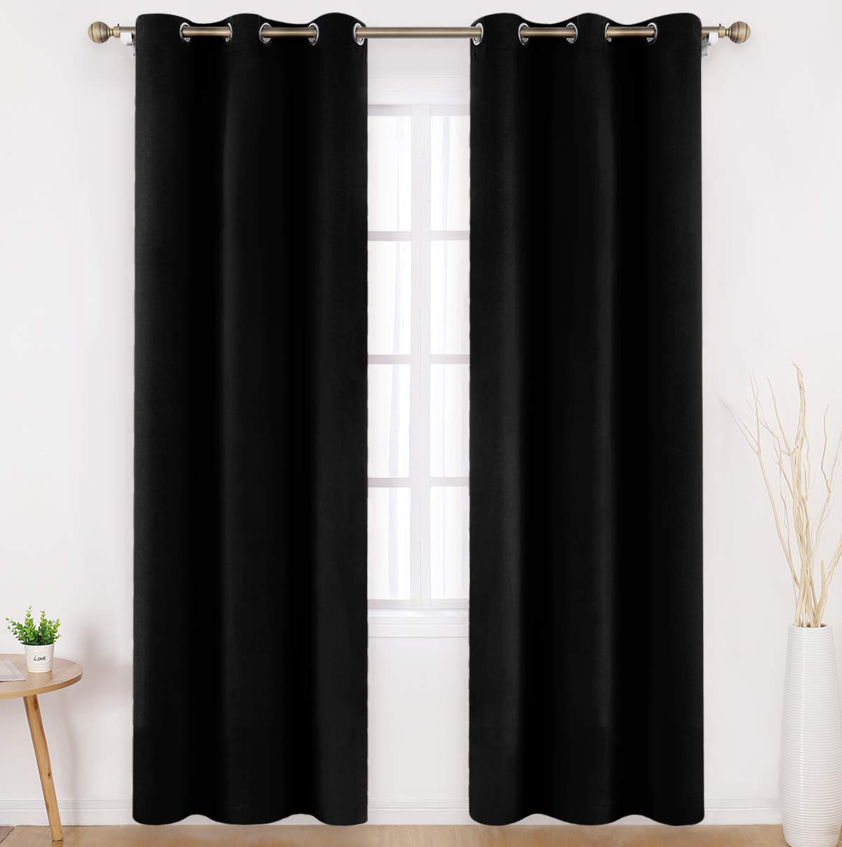 HOMEIDEAS Black Blackout Curtains 2 Panels 46 X 90 Inch Drop Room Darkening Eyelet Curtains for Bedroom Living Room, Thermal Insulated Light Blocking Window Drapes