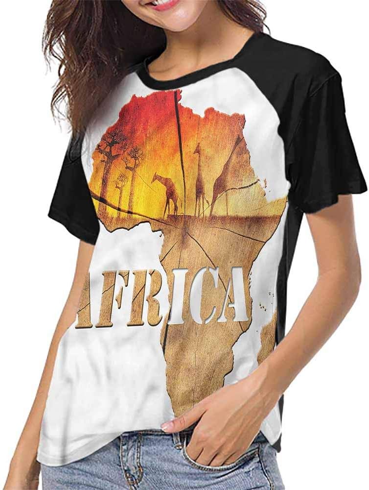 familytaste Womens Short Sleeve T-Shirt,African,Continent Map Wood Giraffes,Baseball Print Casual O-Neck Tops