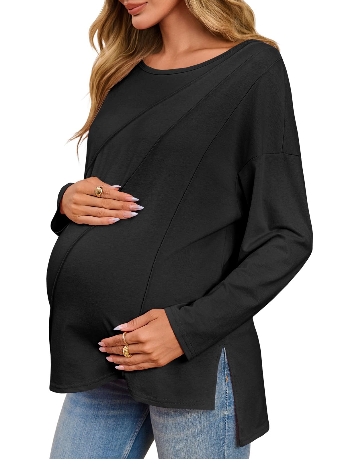 Photo 1 of ******2 PIECE*****Tankaneo Womens Maternity Shirts Casual Crew Neck Long Sleeve Side Split Pregnancy Clothes Loose Fit Tunic Tops Black