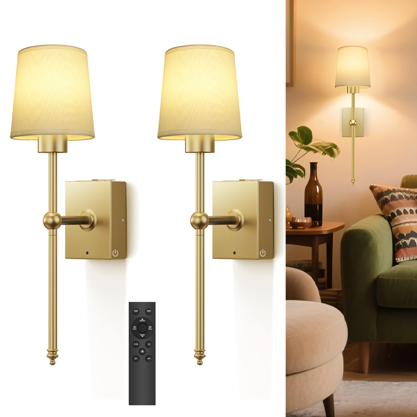 Photo 1 of Battery Operated Wall Sconce Set of 2 - Gold Rechargeable 8000mAh Dimmable LED Wall Lights with Remote & Timer, Wireless Wall Lamps for Bedroom, Hallway, Living Room Decor