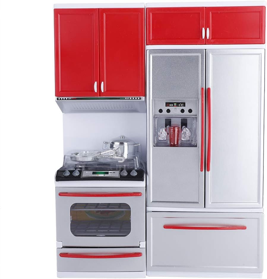 Liukouu Play Kitchen Toy Set - Mini Kitchen Pretend Role Play Toy for Kids - Pretend Play Cooking Set - Sound & Light Design - Includes Gas Oven, Microwave Oven, Refrigerator and Kitchen Cabinets