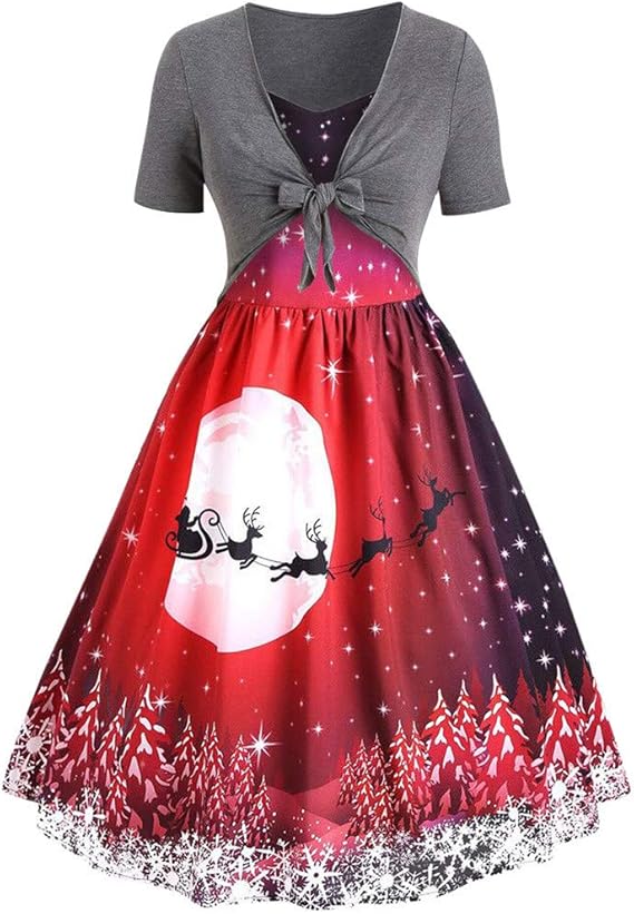 Amazon ワンピース レディース 秋冬 クリスマス レディースファッション 丸首 レディース クリスマス プリント チューブトップカーディガンセット トナカイ サンタクロース クリスマス ワンピース パーティー 忘年会 パーティー 演奏 ワンピース チュニック 通販