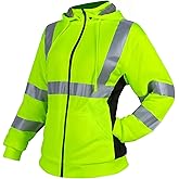 QELIN Hi Vis Safety Sweatshirt for Women ANSI Class 3 High Visibility Fleece Reflective Hoodie with Removable Hood