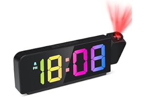 GuDoQi Projection Alarm Clock, Colorful LED Clock for Bedroom, Digital Projection Clock on Ceiling Wall with Large Number, Temperature, 12/24H Display, Adjustable Brightness, Snooze