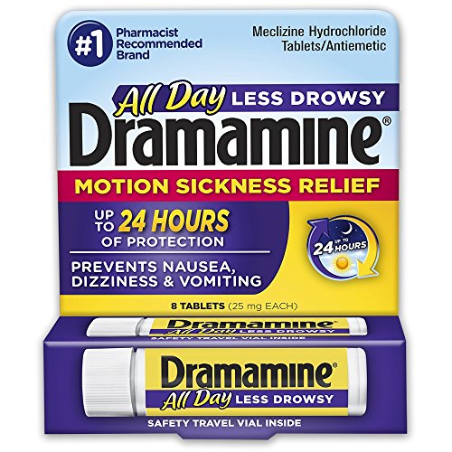 Dramamine Motion Sickness Relief All Day Less Drowsy | 8 Tablets | Travel & Trial Size | Prevents Nausea, Dizziness, and Vomiting up to 24 Hours