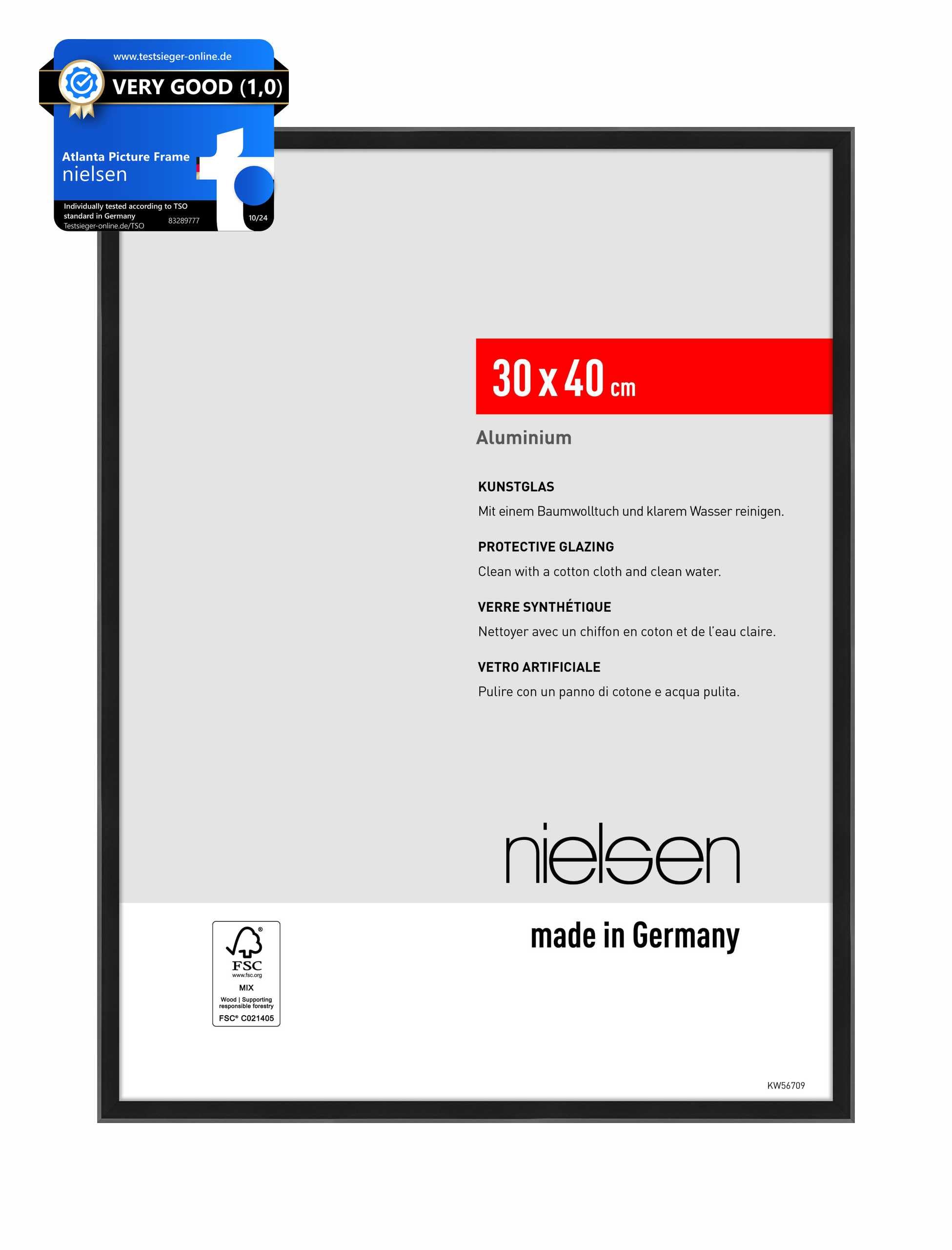 nielsen Atlanta Aluminium Picture Frame - Frosted Black 30x40cm - with Synthetic Glass and Push-Turn Clips