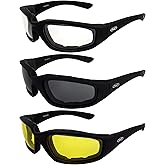 Global Vision 3 Pairs of Kickback Black Foam Padded Motorcycle Riding Sunglasses 1 Clear Lens 1 Smoke Lens and 1 Yellow Lens