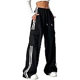 QJQ Women's Cargo Pants Baggy Wide Leg Drawstring Waist Striped Track Pants with Pockets Athletic Joggers Streetwear