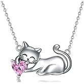 LONAGO Cat Necklace with Birthstone 925 Sterling Silver Cat Pendant Necklace Gift for Women