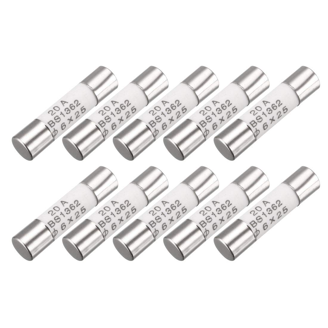 sourcingmap 10 Pcs AC 250V 20A 6mmx25mm BS1362 Cylindrical Ceramic Fuses Tube