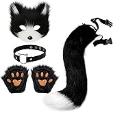 Mifhnby Faux Fur Fox Tail Wolf Cat Mask Paw Gloves Leather Necklace Set Halloween Christmas Party Cosplay Costume