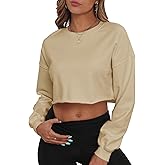 PRIMODA Women's Crewneck Cropped Sweatshirt Loose Pullover Sweatshirt Long Sleeve Crop Tops