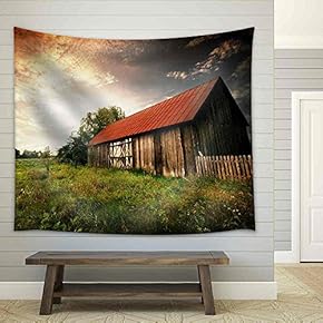 Old Wooden Bar with Red Roof Over The Dramatic Sunset. Zalew Zegrzynski, Poland - Fabric Wall Tapestry Home Decor - 51x60 inches