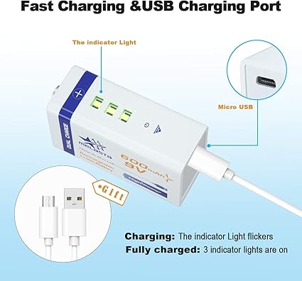 Amazon.com: MELASTA 9V Rechargeable Batteries, 9V Lithium Battery 4-Pack  with USB Charging Port for Guitar: Home Audio & Theater