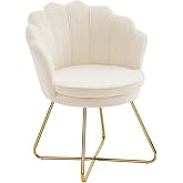 Furnimart Vanity Chair with Back, Shell Accent Chair for Living Room, Criss Cross Chair with Gold Legs, Makeup Chair for Bedroom Desk Chair no Wheels, Faux Fur White