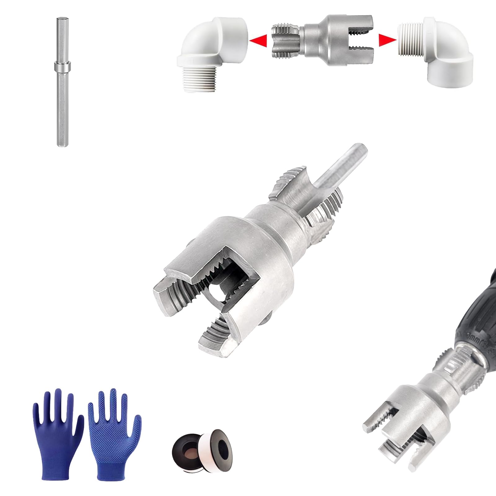 Photo 1 of 1/2'' Schedule 40 PVC Pipe Threader, Integrated Internal & External Pipe Threading Tool for Drill & Manual Operation, Heavy-Duty PVC Threader for Home Water Pipe Repair & Installation