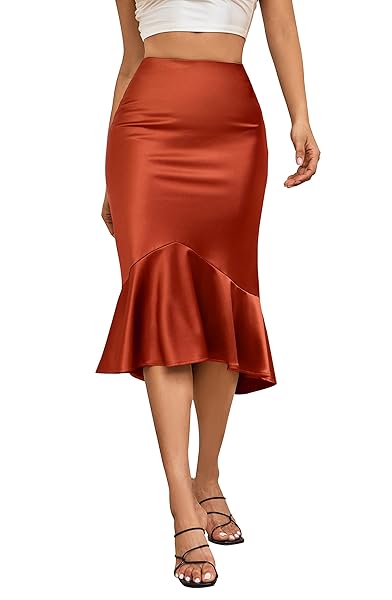 ALCEA ROSEA WOMENS SATIN HIGH WAISTED SILK A-LINE WEDDING ELEGANT ELASTIC MIDI SKIRT(CARAMEL,XL)