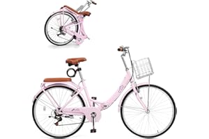 CamPingSurvivals 24/26 Inch Foldable Bike Folding Bicycle, 7 Speed Beach Cruiser Bike with Lock, Comfort Back Seat, Foldable Basket & Ergonomic Upright Frame, Cruiser Bicycle for Adults